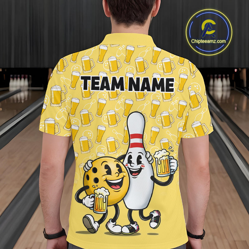 Funny Yellow Beer Pattern Bowling Polo & 1/4 Quarter Zip Shirt Custom Bowling League Team Shirts NBT955