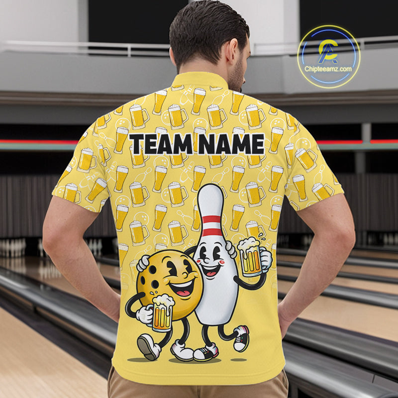 Funny Yellow Beer Pattern Bowling Polo & 1/4 Quarter Zip Shirt Custom Bowling League Team Shirts NBT955