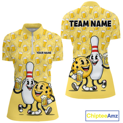 Funny Yellow Beer Pattern Women Bowling Polo & 1/4 Quarter Zip Shirt Custom Bowling League Team Shirts NBT955