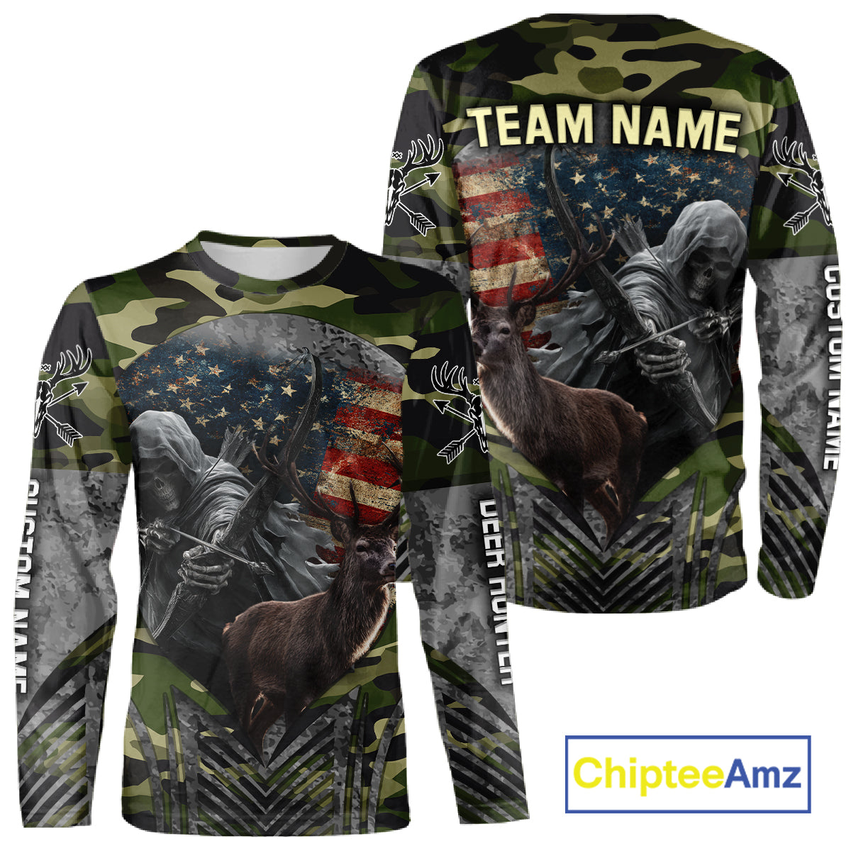 Grim Reaper US Flag Deer Hunting Hoodie, Longsleeve Shirt, Gifts for Hunters NBT07