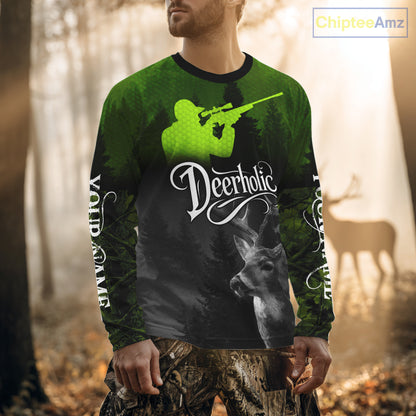 Deer Hunting Shirt Deerholic Hunter Silhouette – Green Camo Big Game Rifle for Men NBT25