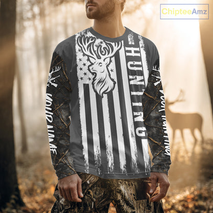 Personalized Dark Camo Deer Hunting Shirt with US Flag & Deer Buck, Hunter Gifts NBT60