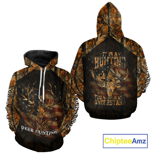 Best Deer Hunting Orange Camo with US Flag and Grim Reaper Deer Buck Shirts Hunting Gifts NBT70