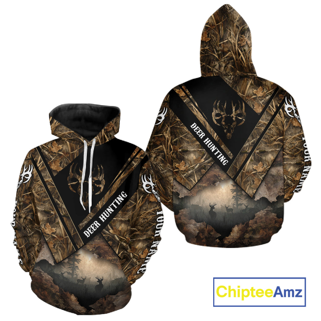 Deer Hunting Shirt Custom Name 3D All Over Print with Deer Skull & Brown Camo For Deer Hunters NBT79