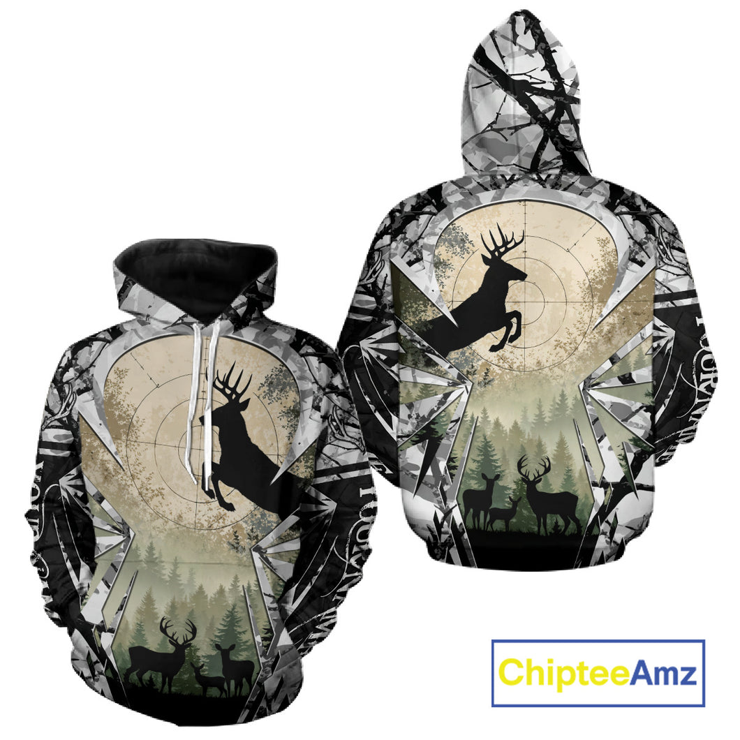 Grey Camo Deer Hunting Hoodie, Buck with Scope Silhouette, Whitetail Season NBT14