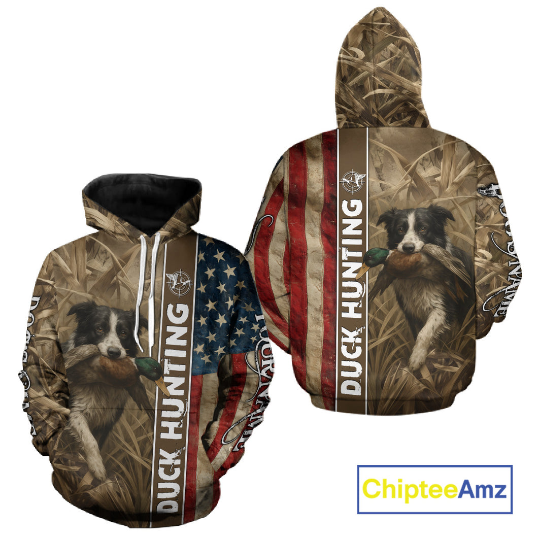 Border Collies Duck Hunting Waterfowl Camo US Flag Shirts, Custom Name Shirts, Hunting Gifts NBT96