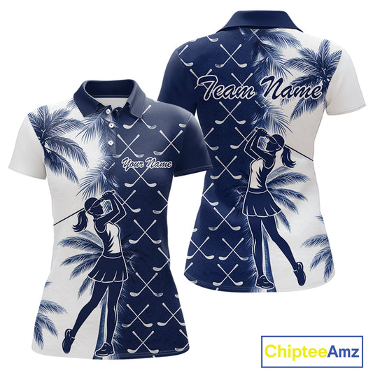 Blue Tropical Palm Trees Golf Club Pattern Womens Golf Polo Shirts Custom Team Golf Shirt NBT567