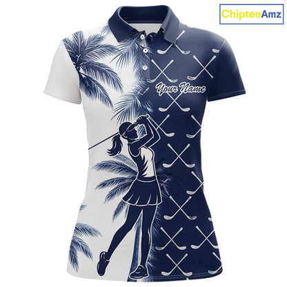 Blue Tropical Palm Trees Golf Club Pattern Womens Golf Polo Shirts Custom Team Golf Shirt NBT567