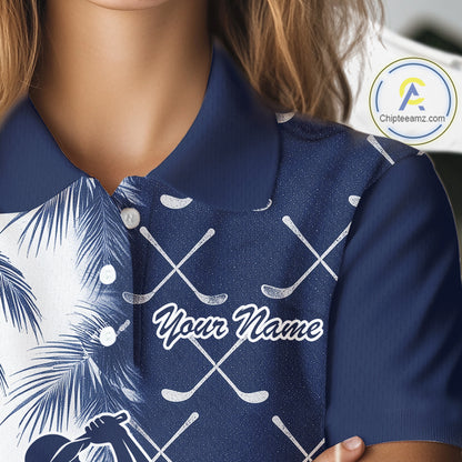 Blue Tropical Palm Trees Golf Club Pattern Womens Golf Polo Shirts Custom Team Golf Shirt NBT567