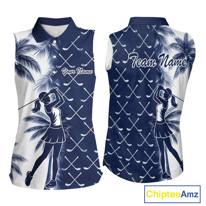 Blue Tropical Palm Trees Golf Club Pattern Womens Sleeveless Golf Polo Shirts Custom Team Golf Shirt NBT567