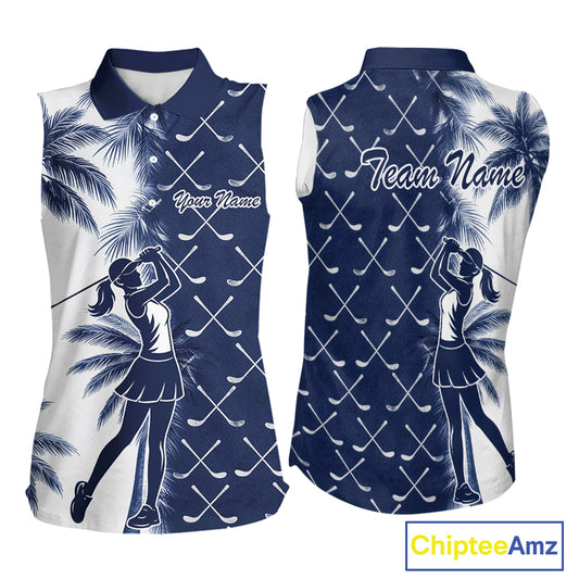 Blue Tropical Palm Trees Golf Club Pattern Womens Sleeveless Golf Polo Shirts Custom Team Golf Shirt NBT567