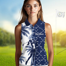 Load image into Gallery viewer, Blue Tropical Palm Trees Golf Club Pattern Womens Sleeveless Golf Polo Shirts Custom Team Golf Shirt NBT567