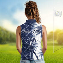 Load image into Gallery viewer, Blue Tropical Palm Trees Golf Club Pattern Womens Sleeveless Golf Polo Shirts Custom Team Golf Shirt NBT567