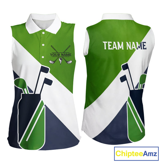 Green & Blue Golf Bag Womens Sleeveless Golf Polo Shirts Custom Golf Shirts, Golf Attire For Ladies NBT576