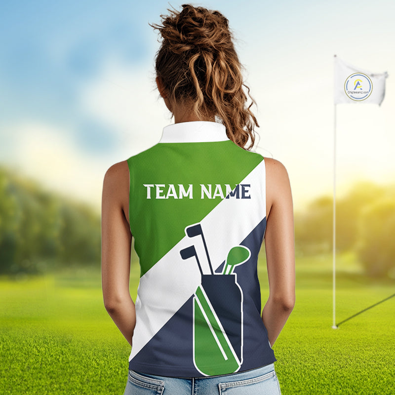 Green & Blue Golf Bag Womens Sleeveless Golf Polo Shirts Custom Golf Shirts, Golf Attire For Ladies NBT576