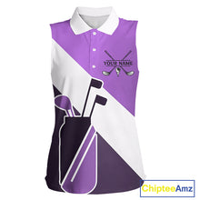 Load image into Gallery viewer, Purple Golf Bag Womens Sleeveless Golf Polo Shirts Custom Golf Shirts, Golf Attire For Ladies NBT577