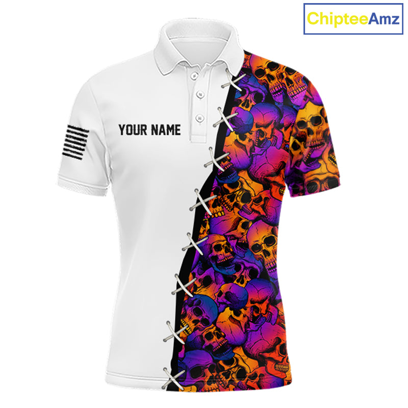 Colorful Skull American Flag Mens Polo Shirt Front View Custom Name