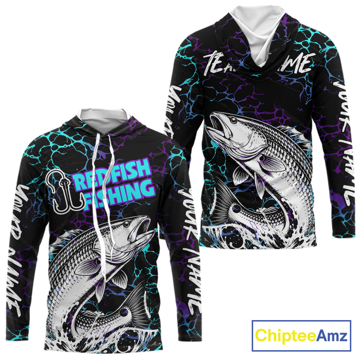 Front and back view of Redfish Fishing neon blue long sleeve hooded saltwater fishing shirt with custom name