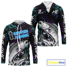Load image into Gallery viewer, Front and back view of Redfish Fishing neon blue long sleeve hooded saltwater fishing shirt with custom name