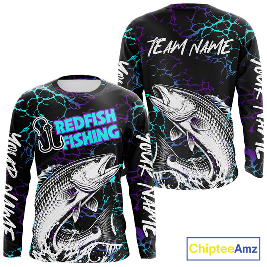 Front and back view of Redfish Fishing neon blue long sleeve saltwater fishing shirt with custom name