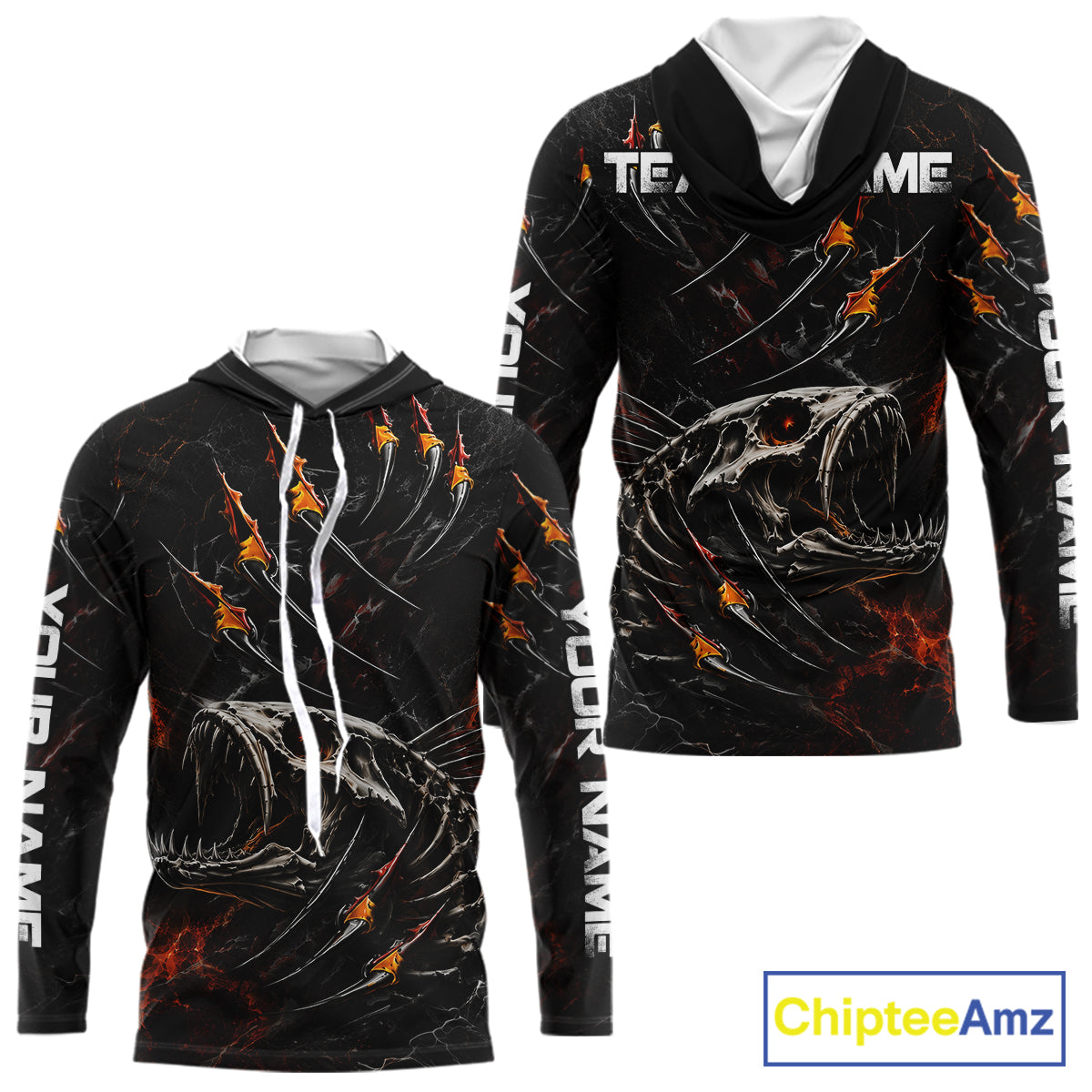 Personalized Fishing Fish Skeleton Fire Flame Hooded Fishing Shirts, Fish Reaper Skull Fishing Shirts NBT972