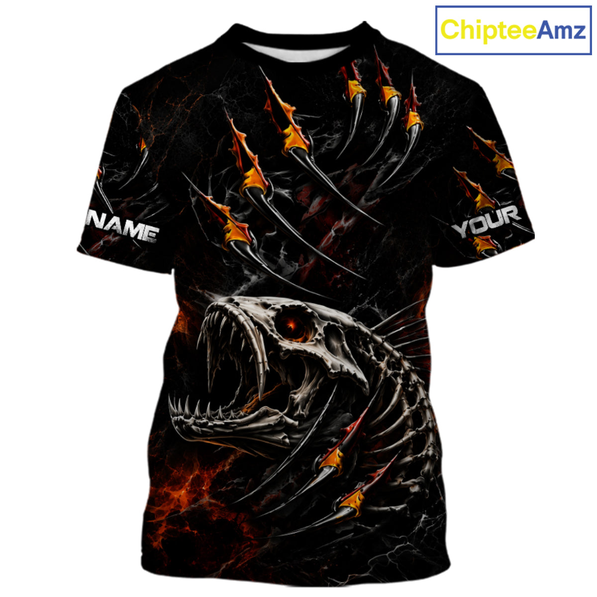Personalized Fishing Fish Skeleton Fire Flame Fishing T-Shirts, Fish Reaper Skull Fishing Shirts NBT972