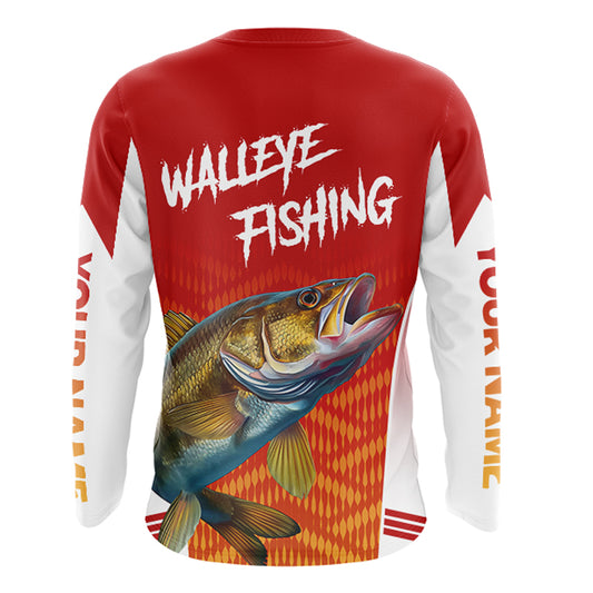 Walleye Fishing Shirts Long Sleeve Custom Fishing Tournament Jersey Red Camo For Men, Walleye Fishing Apparel NBT365