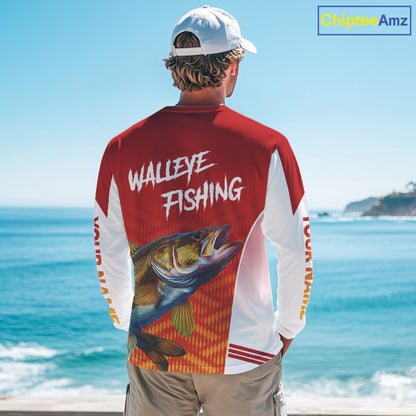 Walleye Fishing Shirts Long Sleeve Custom Fishing Tournament Jersey Red Camo For Men, Walleye Fishing Apparel NBT365