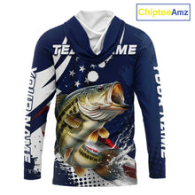 Load image into Gallery viewer, Bass Fishing American Flag Custom Long Sleeve Hooded Tournament Fishing Shirts, Patriotic Bass Fishing Jerseys NBT717