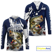 Load image into Gallery viewer, Bass Fishing American Flag Custom Long Sleeve Hooded Tournament Fishing Shirts, Patriotic Bass Fishing Jerseys NBT717