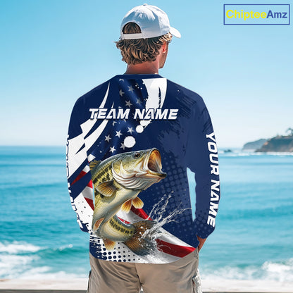 Bass Fishing American Flag Custom Long Sleeve Tournament Fishing Shirts, Patriotic Bass Fishing Jerseys NBT717