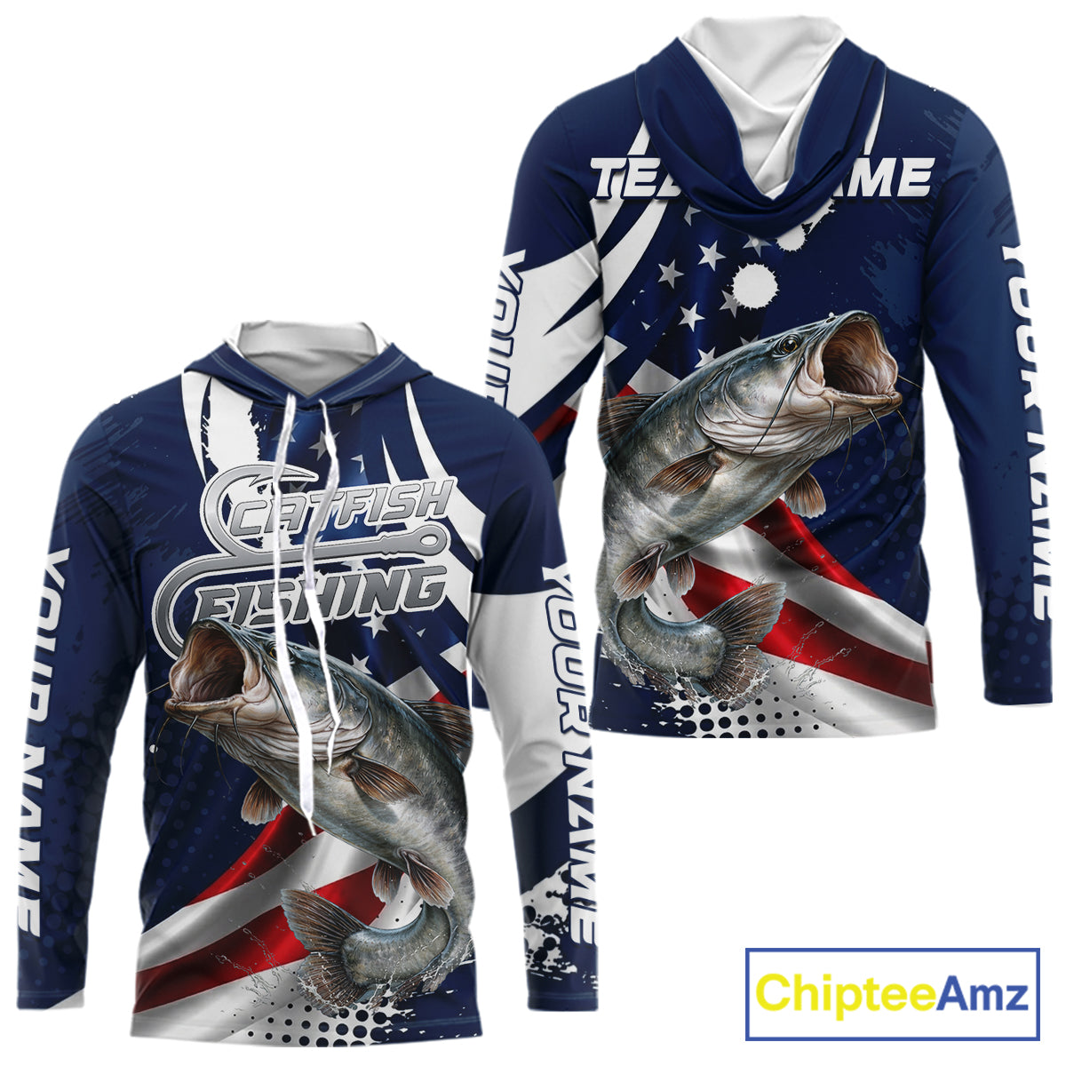 Catfish Fishing American Flag Custom Long Sleeve Hooded Tournament Fishing Shirts, Team Catfish Shirts NBT718