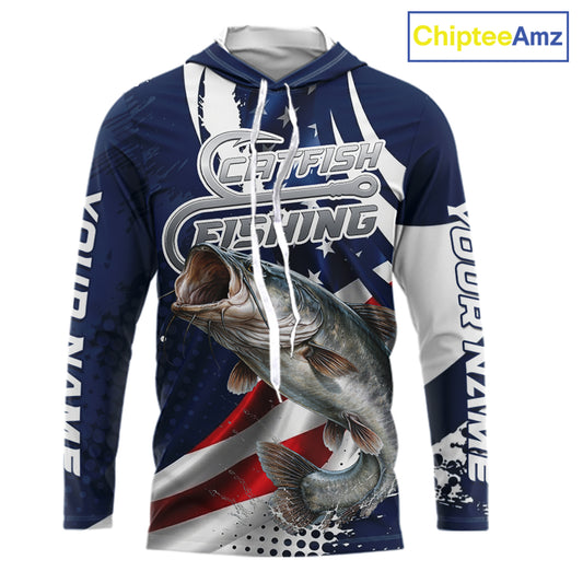 Catfish Fishing American Flag Custom Long Sleeve Hooded Tournament Fishing Shirts, Team Catfish Shirts NBT718