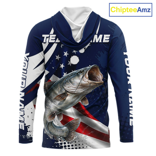 Catfish Fishing American Flag Custom Long Sleeve Hooded Tournament Fishing Shirts, Team Catfish Shirts NBT718