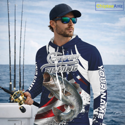 Catfish Fishing American Flag Custom Long Sleeve Hooded Tournament Fishing Shirts, Team Catfish Shirts NBT718