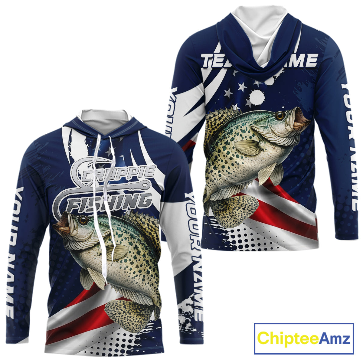 Crappie Fishing American Flag Custom Long Sleeve Hooded Tournament Fishing Shirts, Patriotic Crappie Fishing Jerseys NBT719