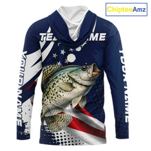 Load image into Gallery viewer, Crappie Fishing American Flag Custom Long Sleeve Hooded Tournament Fishing Shirts, Patriotic Crappie Fishing Jerseys NBT719