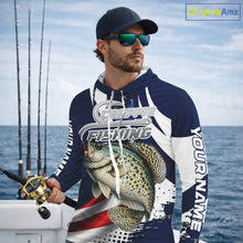 Load image into Gallery viewer, Crappie Fishing American Flag Custom Long Sleeve Hooded Tournament Fishing Shirts, Patriotic Crappie Fishing Jerseys NBT719