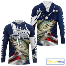 Load image into Gallery viewer, Crappie Fishing American Flag Custom Long Sleeve Hooded Tournament Fishing Shirts, Patriotic Crappie Fishing Jerseys NBT719