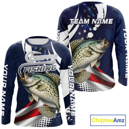 Crappie Fishing American Flag Custom Long Sleeve Tournament Fishing Shirts, Patriotic Crappie Fishing Jerseys NBT719
