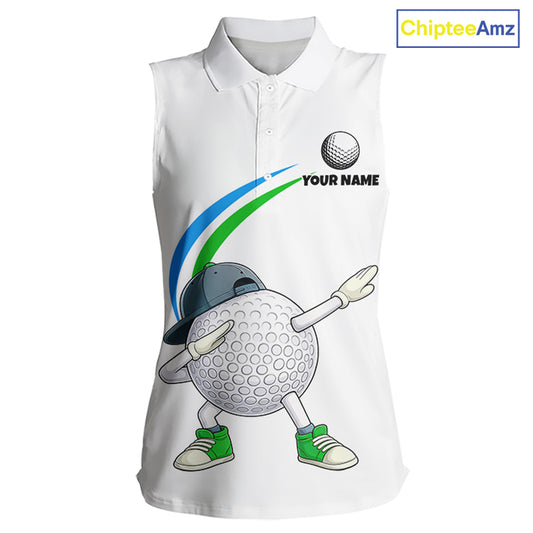 White Funny Golf Ball Custom Team Polo Shirt, Personalized Womens Sleeveless Golf Polo Shirt, Golf Lovers Gift NBT603
