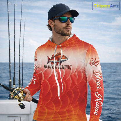 Custom Redfish Long Sleeve Hooded Fishing Shirts Fish Scale Red, Redfish Fly Fishing Performance Shirt NBT376