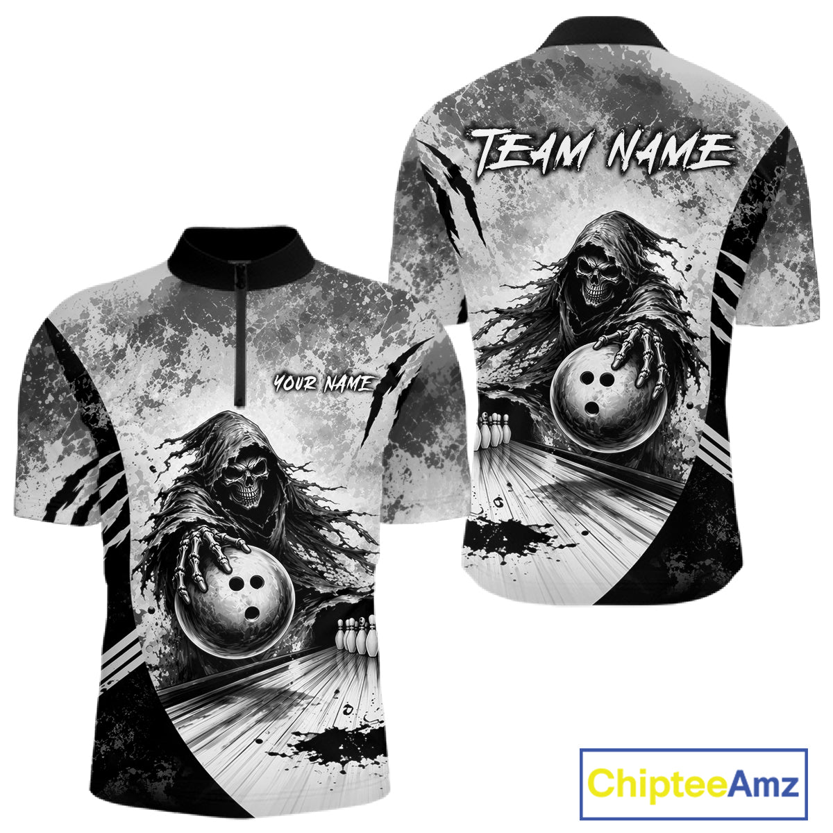 Custom Gray Camo Skeleton Grim Reaper Bowling Men Quarter-Zip Shirt, Halloween Bowling Jersey NBT911