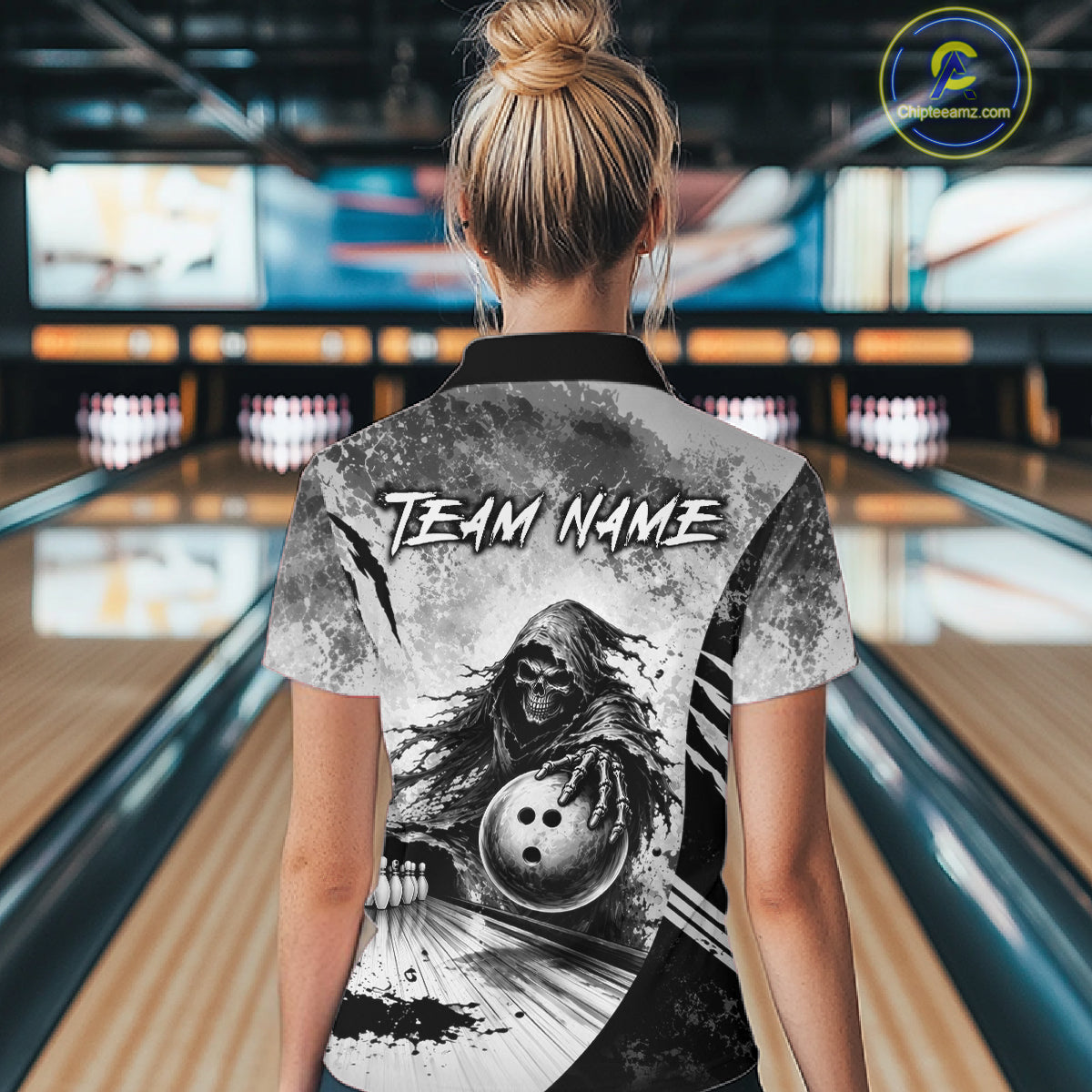 Custom Gray Camo Skeleton Grim Reaper Bowling Women Quarter-Zip Shirt, Halloween Bowling Jersey NBT911