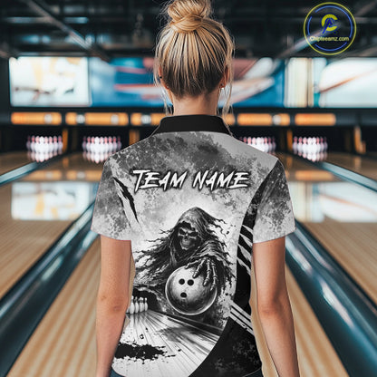 Custom Gray Camo Skeleton Grim Reaper Bowling Women Quarter-Zip Shirt, Halloween Bowling Jersey NBT911