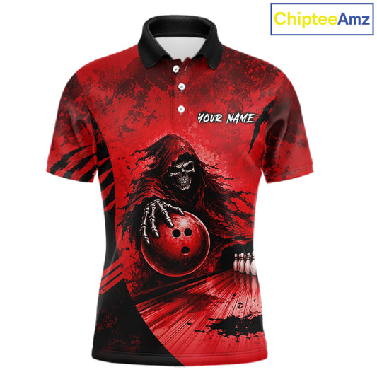 Custom Red Camo Skeleton Grim Reaper Bowling Men Quarter-Zip Shirt, Halloween Bowling Jersey NBT912
