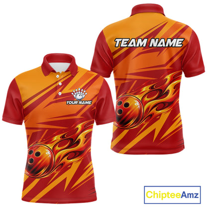 Red Orange Custom Flame Bowling Polo & 1/4 Quarter Zip Shirts For Men, Fire Bowling Team Jersey NBT982