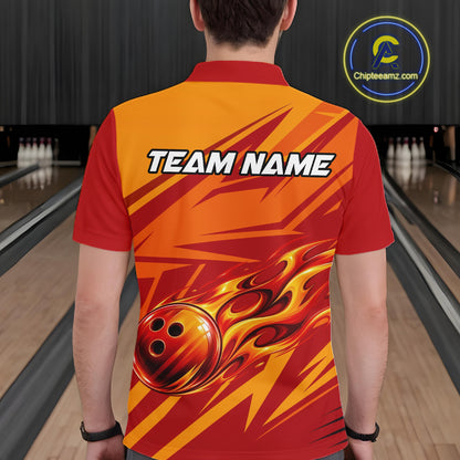 Red Orange Custom Flame Bowling Polo & 1/4 Quarter Zip Shirts For Men, Fire Bowling Team Jersey NBT982