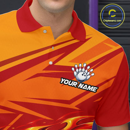 Red Orange Custom Flame Bowling Polo & 1/4 Quarter Zip Shirts For Men, Fire Bowling Team Jersey NBT982