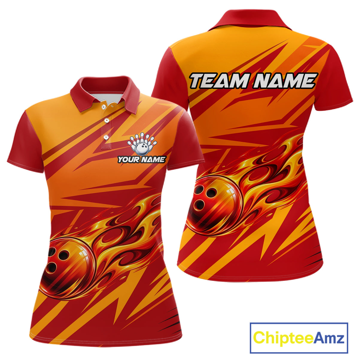 Red Orange Custom Flame Bowling Polo & 1/4 Quarter Zip Shirts For Women, Fire Bowling Team Jersey NBT982